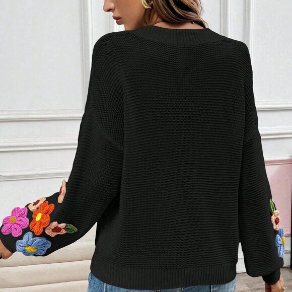 Black Casual Women's V-Neck Crochet Lantern Sleeve Pullover Sweater - Picture 2 of 7